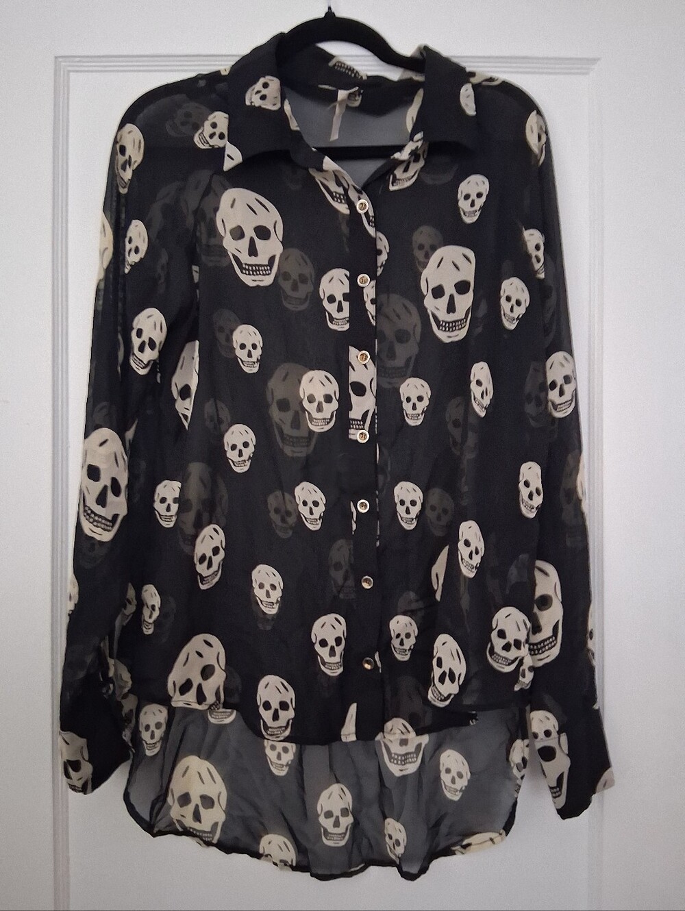 Mono B Sheer Black Skull Print Button-Up High Low Shirt Large